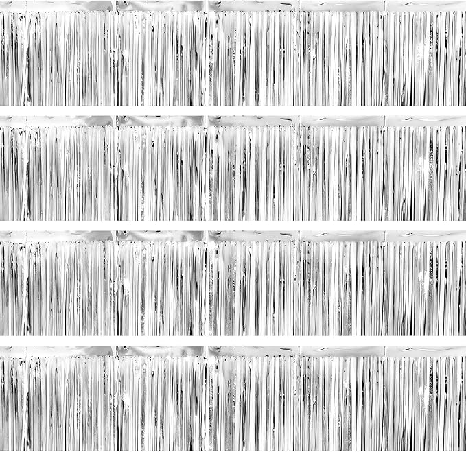 4 Packs Foil Fringe Garland Tinsel Streamers Shiny Wall Hanging Birthday Banner Backdrop for Graduation Wedding Anniversary Celebration Happy Birthday Party Decorations Silver