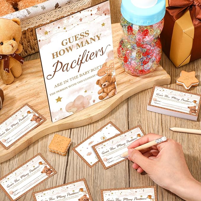Syhood Brown Bear Baby Shower Games Guess How Many Pacifiers Game Sign 50 Small Guessing Games 20 HB Pencils 750 ml Milk Bottle 400 Acrylic Pacifiers Decorations Guests Gender Reveal Party Favors
