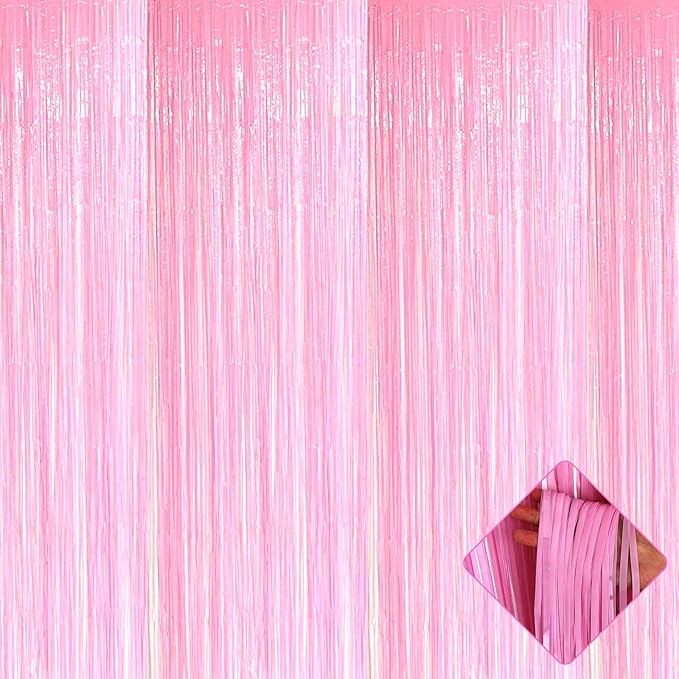 4 Pack 3.2Ft x 8.2Ft Pink Foil Fringe Curtain Backdrop, Metallic Tinsel Foil Fringe Streamers Curtains Background for Photo Booth, Birthday, Wedding, Disco, Bachelorette, Christmas Party Decoration