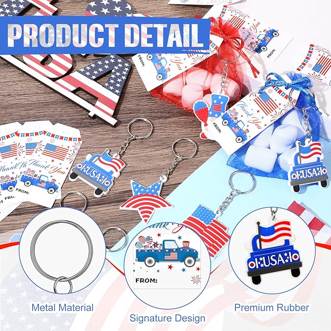 250 Years Anniversary American Independence Day Gifts for Boy 4th of July Keychain Gift Set Gift Tags USA Organza Bags for Fourth of July Key Chain Classroom Reward National Day Gifts