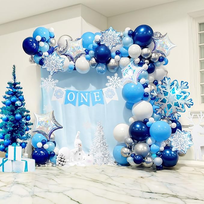 Winter wonderland balloon garland arch kit 140pcs Navy Blue White Silver with mylar snowflake star balloons for winter 1st birthday Boy baby shower snow queen Merry Christmas theme party decorations