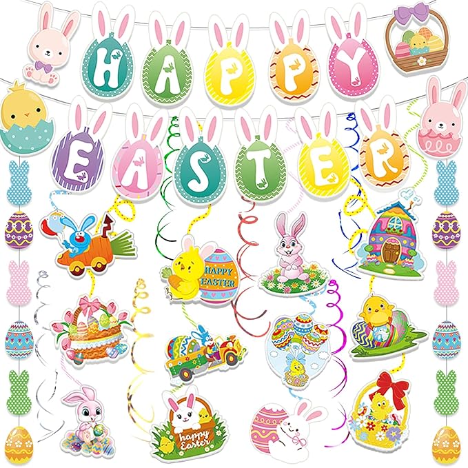 45 Pcs Happy Easter Banners Garland Easter Decorations for Office Home School Classroom Bunny Egg Hanging Decor Supplies for Egg Hunt Party Favors