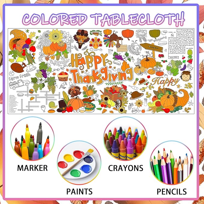 Thanksgiving Giant Coloring Poster,33.8 x 72 Inches Fall Jumbo Paper Tablecloth DIY Art Crafts Mat Turkey Pumpkin Poster Parties for Parent-Child Interaction Autumn Themed Wall Home Classroom Suppiles
