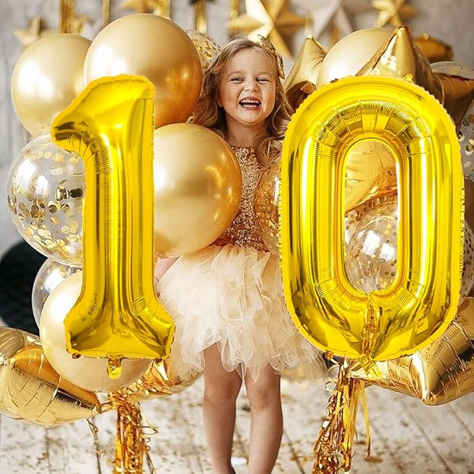 SINBEE Gold 10 Number Balloon, 40 Inch Mylar Foil Reusable Party Decoration for Birthday, Anniversary, Ceremony, Business Event