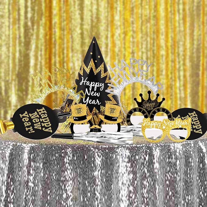 2026 New Year's Eve Party Supplies,36 Pcs Happy New Year Party Supplies Kit,Including 6 Hats, 6 Headband Tiara,12 Glasses,12 Noise Makers(Serve 12)