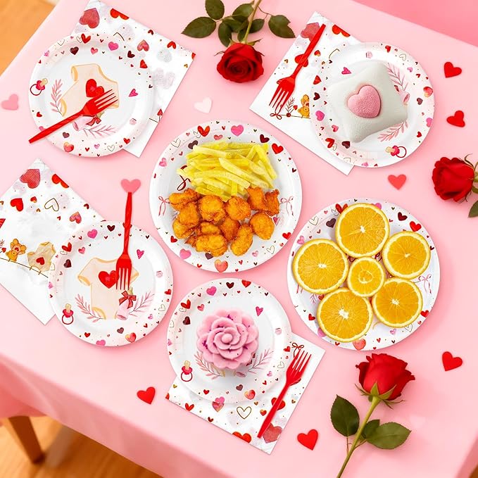 A Little Sweetheart Is On The Way Baby Shower Party Plates Supplies - Serves 24-96Pcs Bear Party Tableware Decoration Disposable Paper Plates Napkins Forks for Birthday