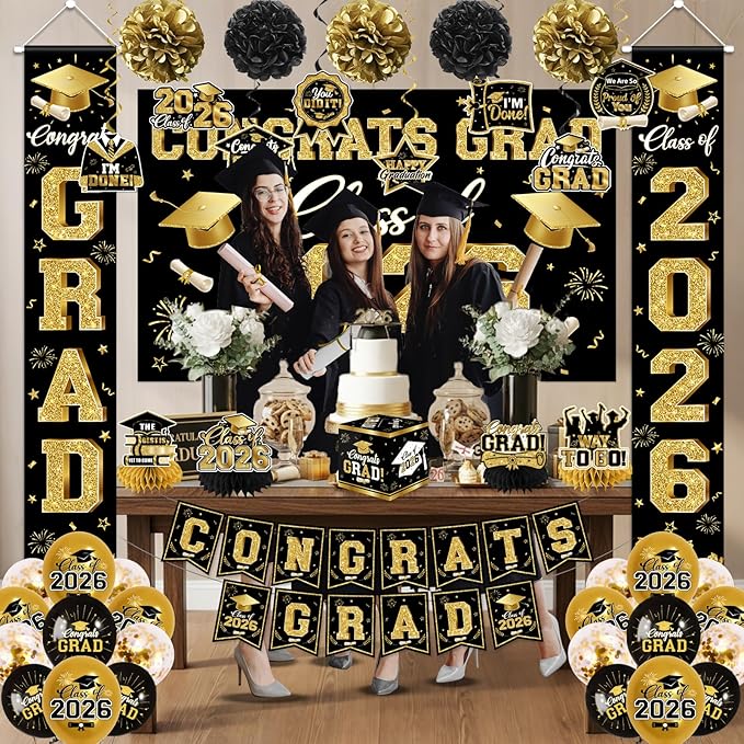 2026 Graduation Decorations - Black Gold Congrats Grad Party Supplies include Card Box, Backdrop, Banner and Balloons for Class of 2026 Decorations Set
