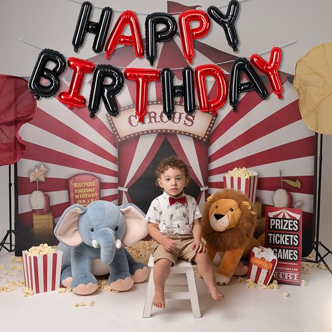 Happy Birthday Banner - 16 Inch Foil Red and Black Balloons, Self Inflating Letter Balloons for Boys Girls Party Decorations Supplies