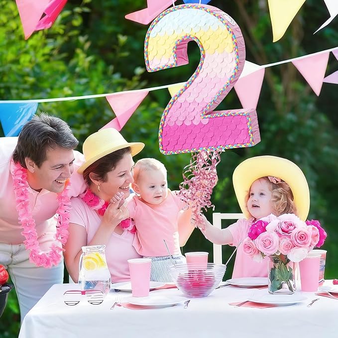 WERNNSAI Pink Sweet Two Piñata - Number 2 Piñata Happy Birthday Decoration Pink Rainbow Design Party Games for Girl Princess Baby Shower Party Favor with Blindfold Anniversary Celebration Supplies