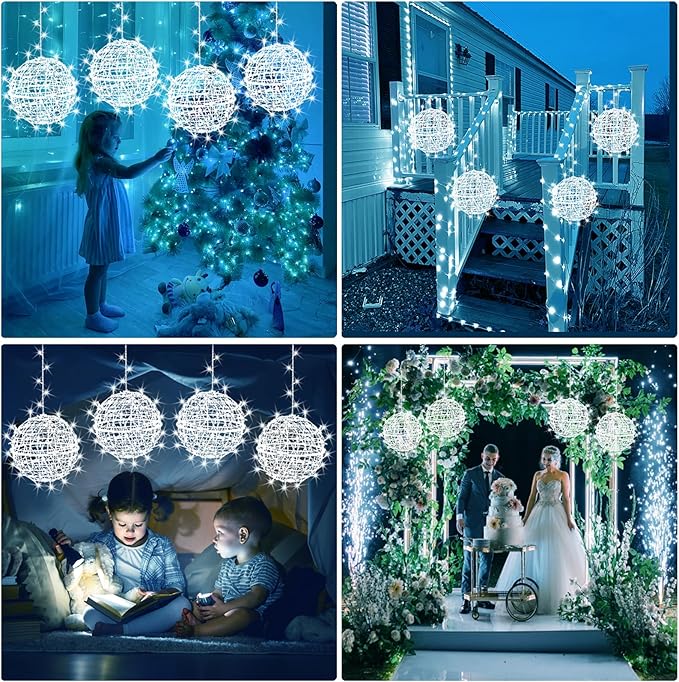 Outdoor Christmas Balls Lights Tree Lights Waterproof, 4 Pack 11.81" LED Hanging Globe Sphere Lights with 8 Lighting Modes Memory Timer Plug for Party Wedding Xmas Porch Patio Garden Yard Decorations