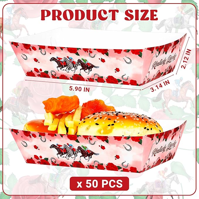50 PCS Derby Snack Trays, Run for The Roses Large Capacity Paper Food Trays, Kentucky Disposable Plates Derby Decorations, Horse Party Decorations for Party Supplies Table Decor