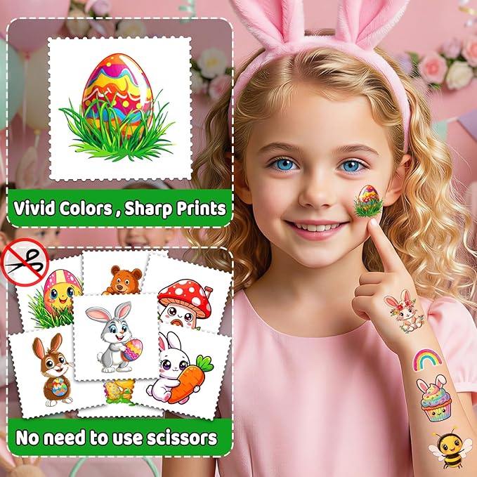 JCFIRE 95 PCS Easter Basket Stuffers, Temporary Tattoos for Kids, Spring Egg Fillers, Cute Bunny Stickers, Easter Party Favors Toys Toddler Teens Boys
