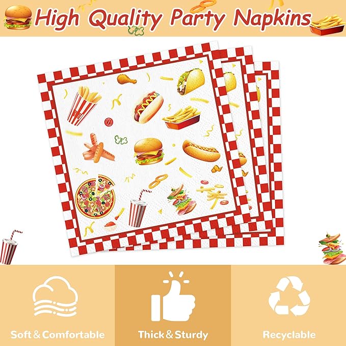 168PCS Hamburger Party Supplies for Kids Fast Food Themed Happy Birthday Party Decorations BBQ Picnic Paper Plates Napkin Cups Forks Knives Straw Tableware for 24 Guests