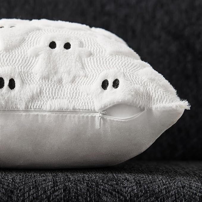 DFXSZ Halloween Pillow Covers 16x16 inch Set of 2 White Ghost Throw Pillow Cases Soft Plush Faux Fur Wool Couch Cushion Case for Chair Sofa Bedroom Living Room Home Decor PTK03A16