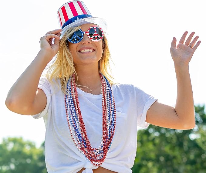 4th of July Necklace Decorations, 24PCS Veterans Day Beads Party Favors Bulk, Veterans Day Red Blue Silver Necklace, Independence Day Bead Bulk for Patriotic Parade Party Celebration Favors Decor