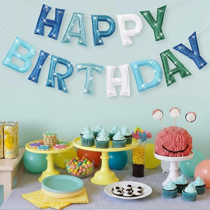 Tegeme Felt Happy Birthday Banner, Teal Glitter Turquoise Happy Birthday Garland Reusable Colorful Rainbow Decoration for Woman, Man Party Photo Prop