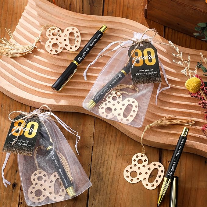 Spakon 25 Set 80th Birthday Party Favor for Guest Anniversary Party Favor Golden Birthday Bookmark Thanks for Coming Pen with Tag Appreciation Gifts for Women Men Wedding New Year