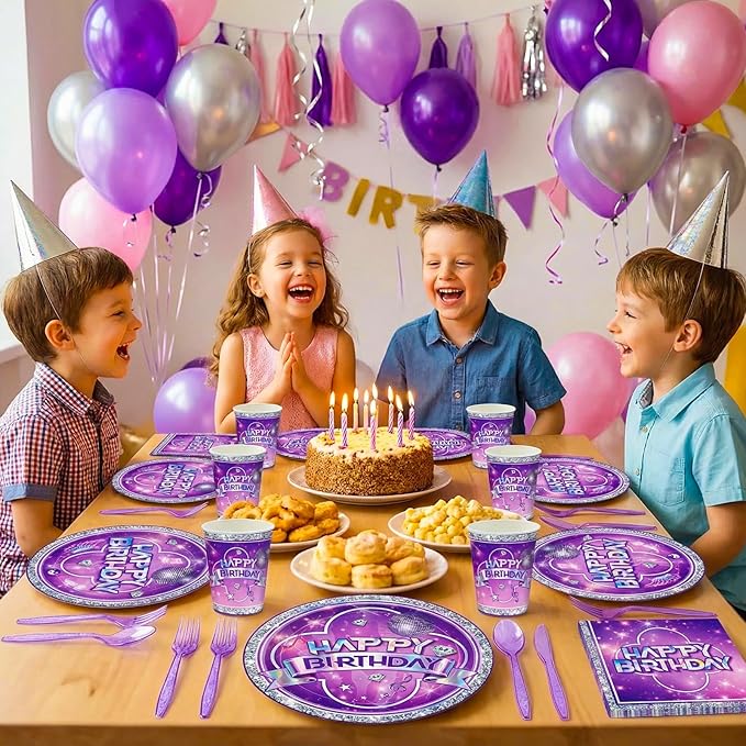 168pcs Music Party Supplies Paper Plates Napkins Disposable Paper Cups Purple Fork Tableware Set Purple Music Birthday Party Decoations for Girls Birthday Supplies Serve 24