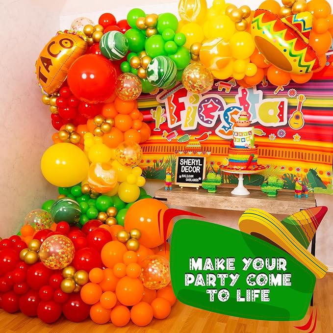 ALL-IN-1 Mexican Balloons Arch Kit & Garland with BONUS Taco Small and Large Red Yellow Orange Green Fiesta Balloons Mexican Party decorations & supplies for birthday, Cinco De Mayo
