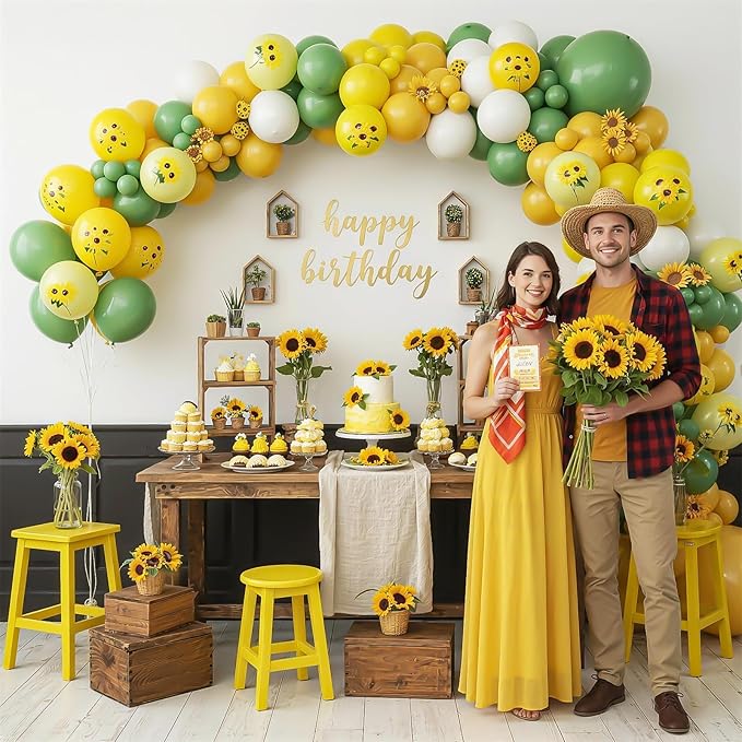 Sunflower Balloon Arch Kit, Yellow Sage Green White Party Balloons Garland with Sunflower Print Balloons for Kids Birthday Baby Shower Sunshine Sunflower Bee Themed Wedding Party Decor