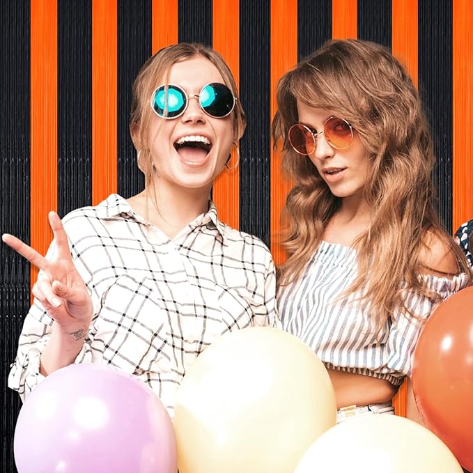 3 Pack Black Orange Foil Fringe Curtain Backdrop, 3.28Ft x 6.6Ft Metallic Tinsel Foil Fringe Streamer Curtains for Photo Booth, Christmas Day, Thanksgiving, Wedding, New Year Party Decorations