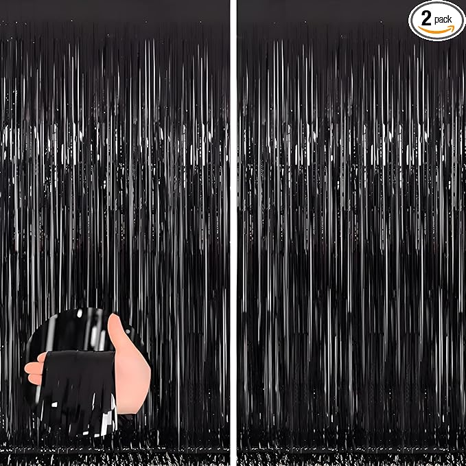 Valentines Day 2 Pack 3.3 * 8.3 ft Foil Curtain Metallic Tinsel Fringe Curtains Photo Booth Props Backdrop for Birthday Wedding Engagement Baby Shower Christmas Holiday Celebration Partyl,Black