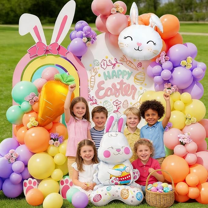 CboDeco Easter Balloon Arch Kit, 171PCS Pastel Balloon Garland with Bunny & Carrot Foil Balloons, Spring Bunny Balloons for Easter Party Decorations