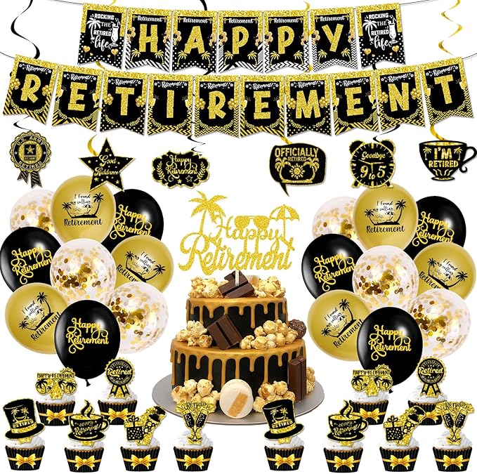 Retirement Party Decorations for Men Women, Black and Gold Happy Retirement Banners Balloons Cake Cupcake Toppers Hanging Swirls, Happy Retirement Party Supplies 42pcs