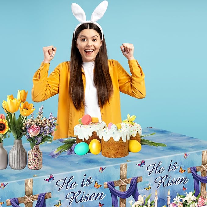 4 Pcs Easter Plastic Tablecloth, Religious He is Risen Tablecloths Rectangle Disposable Table Cover for Home Picnic Dinner Easter Party Decoration, 54 x 108 Inch
