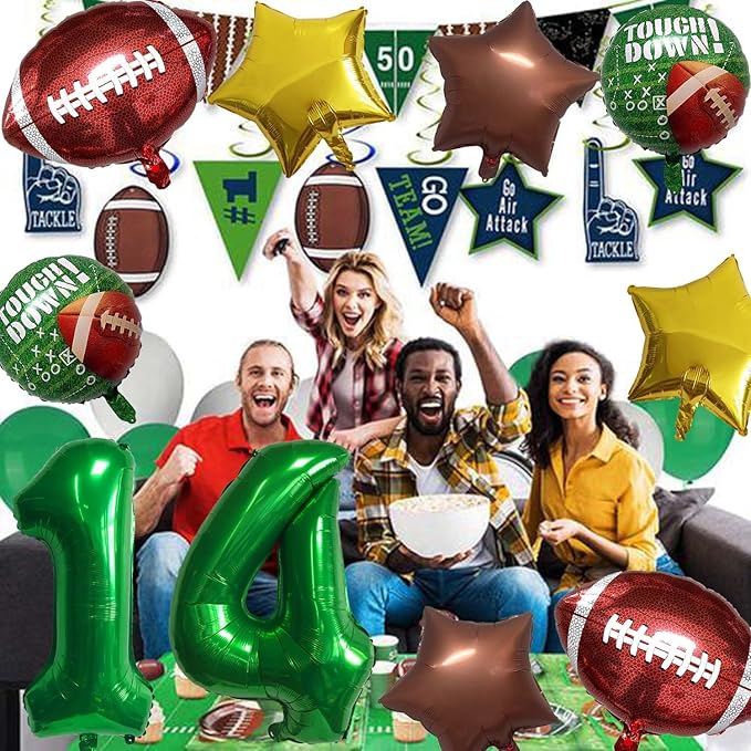 Football Balloons Foil Football Birthday Decorations Balloons Green Number 14 Balloon Gold Brown Star Touchdown Ballons for Rugby Birthday Decorations Sports Ballons Arch Kits Party Balloon Sets 10pcs