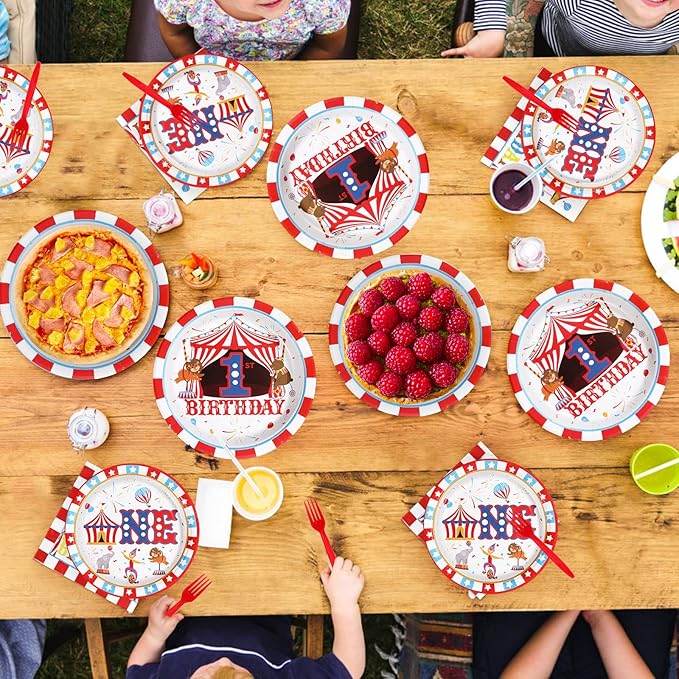 96Pcs Carnival 1st Birthday Party Decorations Carnival Circus First Birthday Plates and Napkins Tableware Sets Circus Theme Decoration Favors for Boys Girls Baby Shower One Year Old Supplies Serves 24