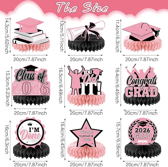 Yisong 9 Pieces 2026 Graduation Party Table Decorations Class of 2026 Congrats Graduation Centerpieces for Tables Congratulate Honeycomb Centerpiece Topper for Grad Party Supplies (Pink, Black)