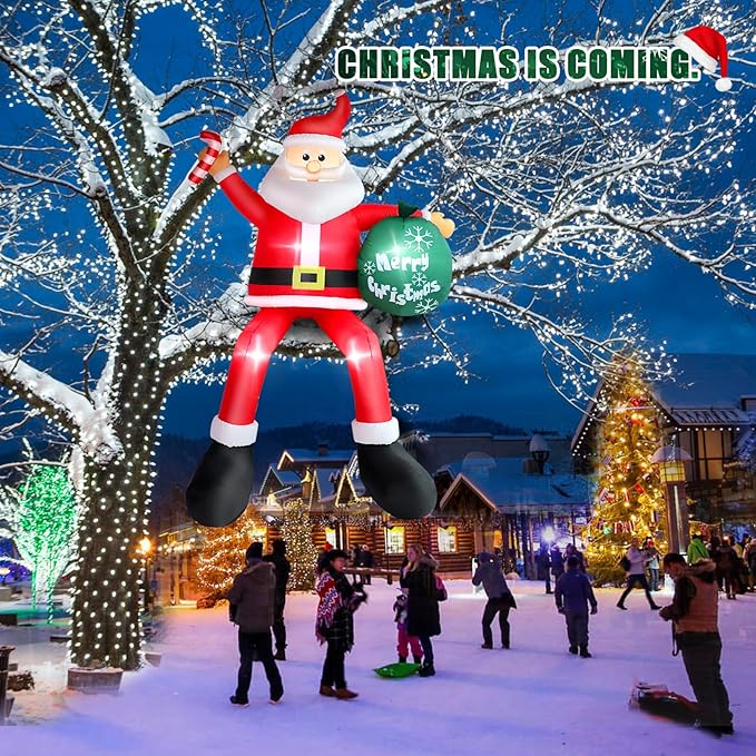 8 FT Inflatable Sitting Santa Claus Christmas Outdoor Decorations, Blow Up Santa Claus with Gift Bag Sitting on Roof Wall Tree Chair, Outdoor/Indoor Decorations for Street House Patio Bench Shrubs