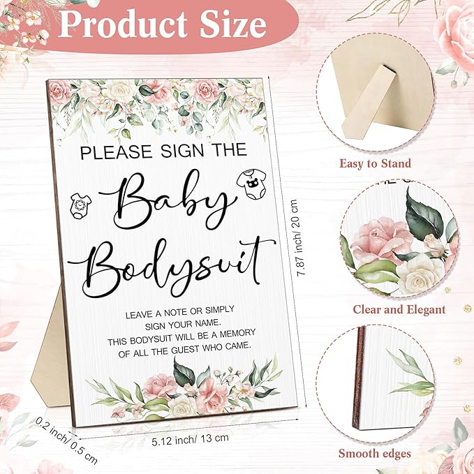Qunclay 12 Pcs Baby Shower Game Decor with White Unisex Bodysuit Wooden Sign Tabletop Decor and Marker for Guests(Floral)