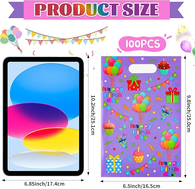 ZYLOP 100pcs Birthday Party Favor Bags - Plastic Happy Birthday Goodie Loot Gift Bags for Kids Girls & Boys Birthdays Party Supplies, Packaging Candy Treat Toys and Party Favors (6.5 x 9.8 Inches)