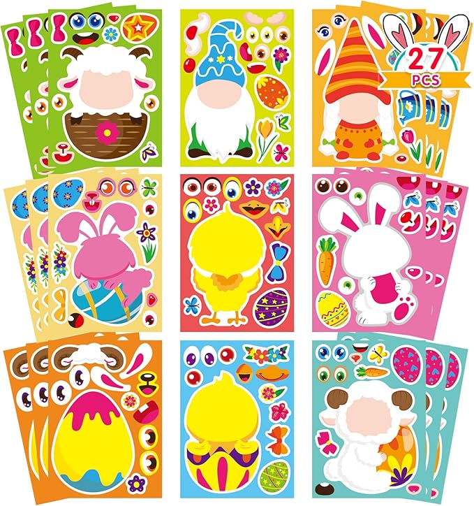 27 Sheets Easter Stickers Easter Gifts for Kids Toddlers Make Own Face Gnome Bunny Sheep Rabbit Colored Egg Chicks School Game Activities Party Favor Supplies