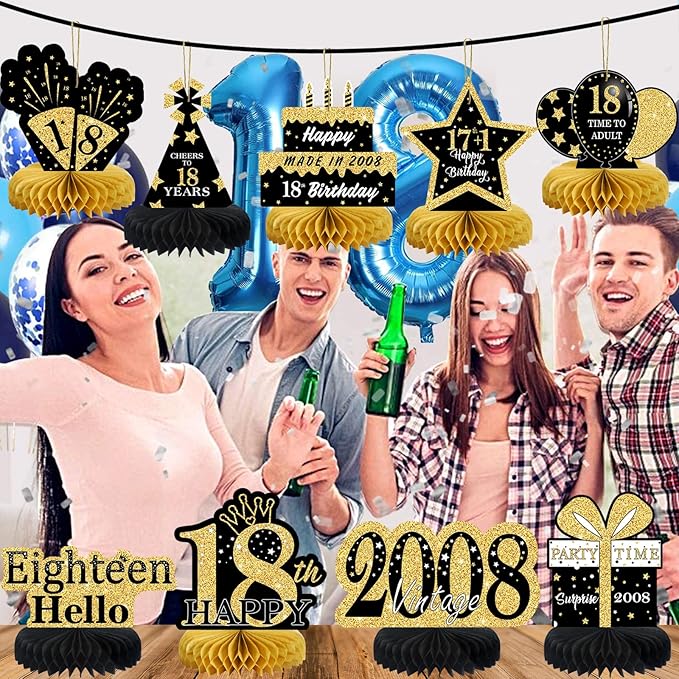 9Pcs Black Gold 18th Birthday Decorations Honeycomb Centerpieces for Boys Girls,Happy 18th Birthday Centerpieces Tables Toppers Party Decorations Supplies,Vintage 2008 Aged Table Sign Decor