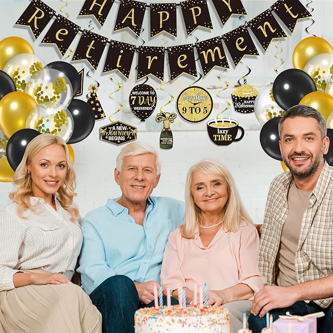Tenare 44 Pcs Retirement Party Decor Kit: Banner, Swirls, Balloons & Ribbons (Black and Gold)