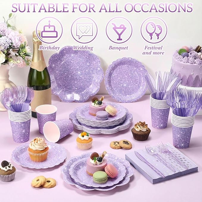 Hushee 175 Pcs Light Purple Holographic Print Party 25 Guests Disposable Dinnerware Set Include Paper Plates, Napkins, Paper Cups, Plastic Tableware for Birthday Party