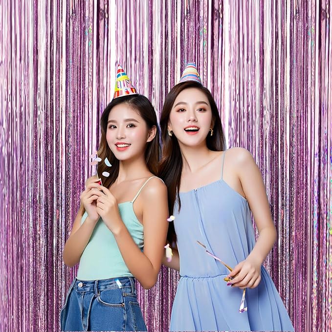 3 Pack Foil Curtain Backdrop 3.3x6.6 ft Tinsel Fringe Curtains for Parties Metallic Streamers Photo Booth Props,Wedding & Birthday,Holiday Decorations Disco,Bachelorette,Door Hanging Decor (Pink)