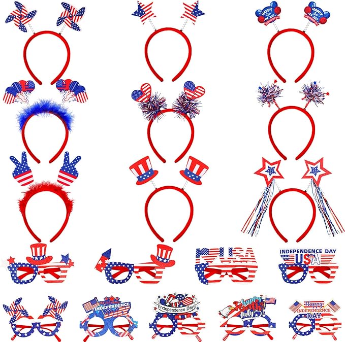Max Fun 4th of July Accessories, 18 Pcs Patriotic Glasses and Headbands Set Fourth of July Decorations for Kids Adults Independence Day Party Favors Photo Booth Props