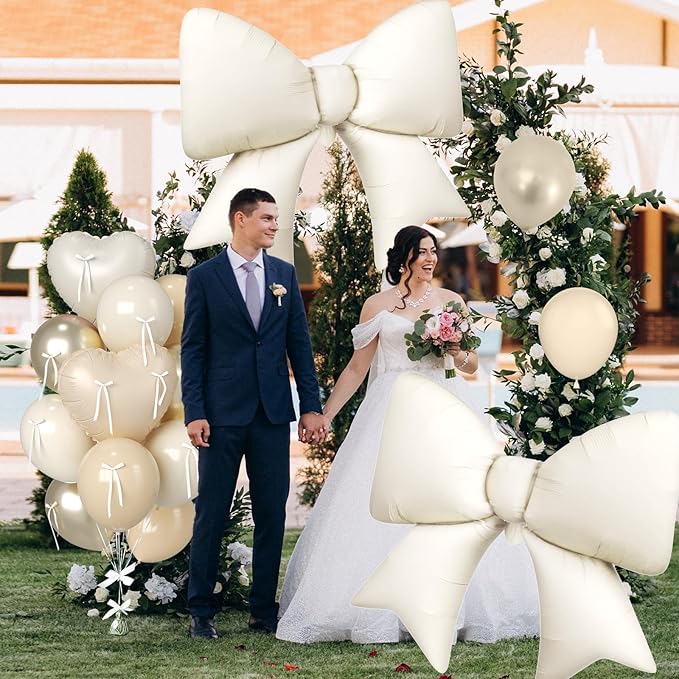 Cream and Apricot Heart Balloons, 38 Inch Bow Balloons, 16PC Champagne Gold Beige Sand White Balloon Helium with Bow Ribbons for Neutral Birthday Wedding Bridal Baby Shower Valentines Day Decorations