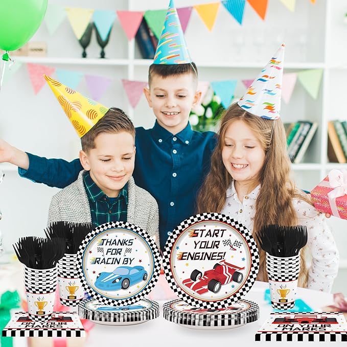 120pcs Racing Car Party Plates Napkins Checked Race Car Birthday Supplies Boys Kids Disposable Tableware Set Paper Cups Forks for Race Car Theme Party Decorations,24 Guests