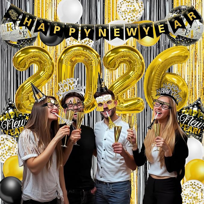 81 Pcs New Years Eve Party Supplies Happy New Year Decorations Kit Serves 12 Includes 36" Large 2026 Foil Ballons, Black Gold Curtains Banner Hats Headbands Glasses Noisemaker Balloons Party Favor