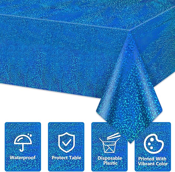 4Pcs Blue Holographic Tablecloths Rectangular Blue Iridescent Tablecloth Shimmer Metallic Table Covers for Baby Shower Birthday Wedding Ocean Theme, 54x108Inch
