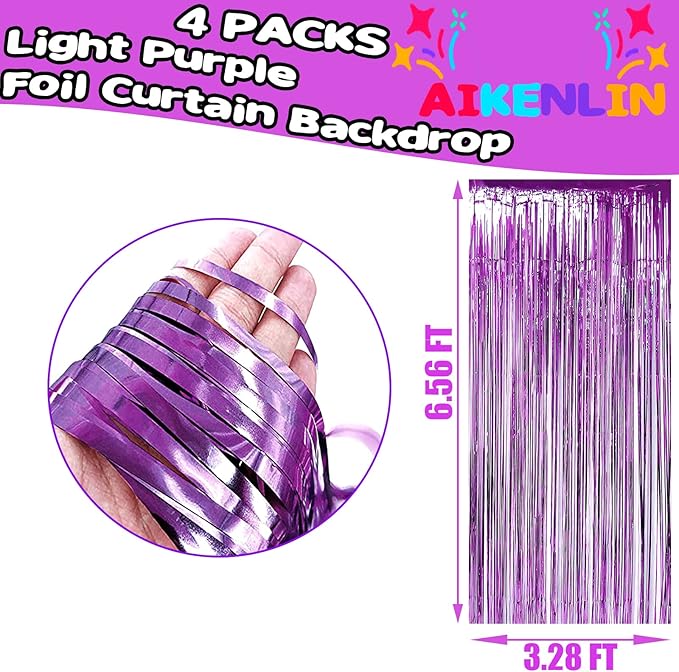 4 Pack 3.3Ft x 6.6Ft Light Purple Foil Fringe Curtain Backdrop, Metallic Tinsel Foil Fringe Streamers Curtains Background for Photo Booth, Birthday, Wedding, Halloween, Christmas Party Decoration