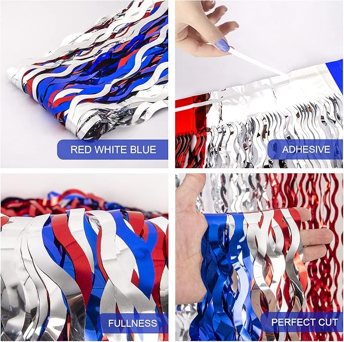 LOLStar 4th of July Decorations,Red White and Blue 3 Pack Wave Tinsel Foil Fringe Curtains, Memorial Day Photo Booth Prop Streamer Backdrop for Patriotic America Party, Independence Labor Day