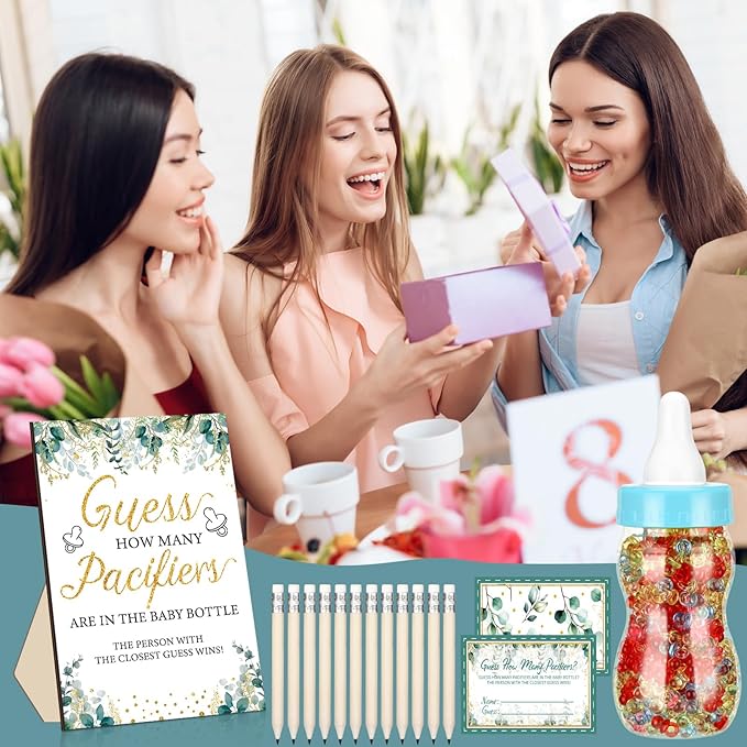 Syhood Greenery Baby Shower Games Guess How Many Pacifiers Sage Game Sign 50 Small Guessing Games 20 HB Pencils 750 ml Milk Bottle 400 Acrylic Pacifiers Decorations Guests Gender Reveal Party Favors