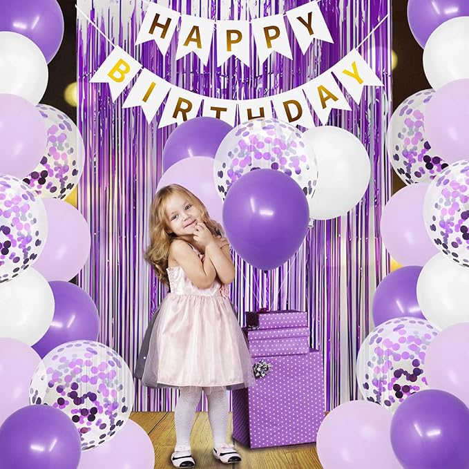 ZHENGYE Purple Birthday Party Decorations Kit Happy Birthday Banner Fringe Curtains Confetti Balloons for Women Girls Party Decorations Supplies