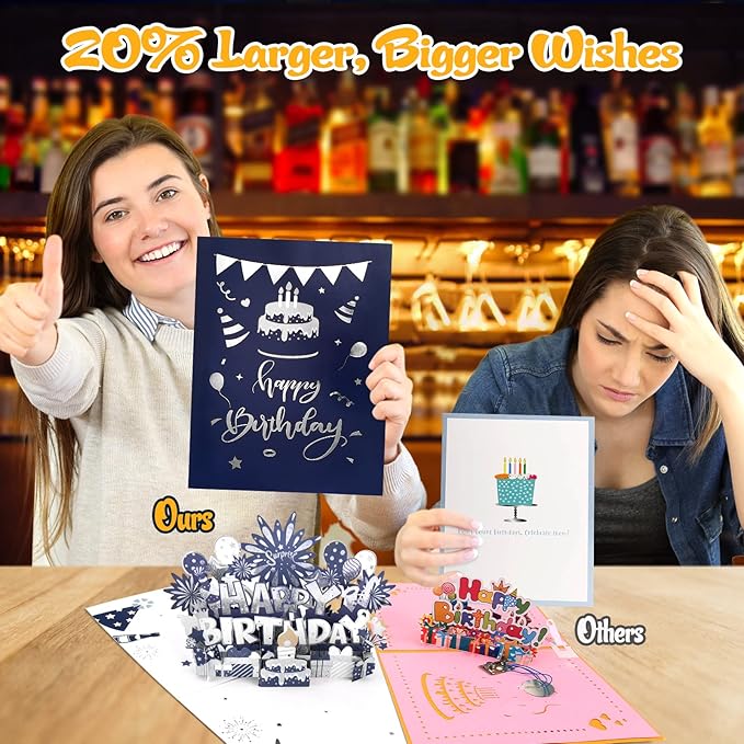 INPHER Musical Birthday Card 3D Pop Up with Light Blow Out LED Candle and Plays Happy Birthday Music Surprise Greeting Cards Gifts for Women Navy Silver
